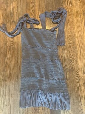 Sleeveless Smocked Ruffle Hem Dress in Dusty Blue/Charcoal